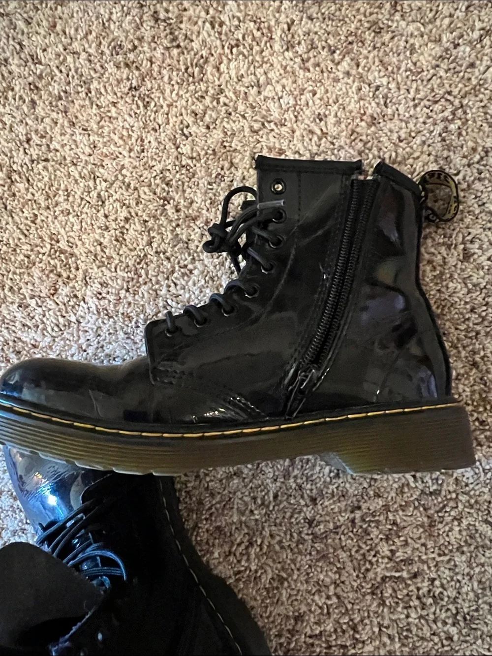 Dr. Martens Black Patent 8-Eye Lace-Up Boots with Yellow Stitching